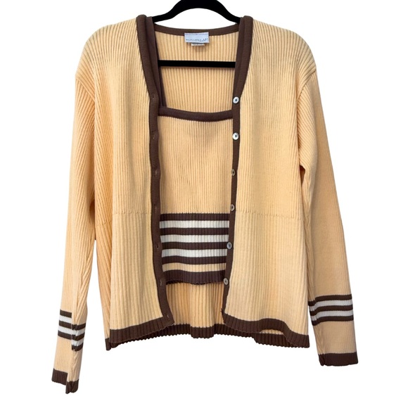 Monterey Bay Cream and Brown Women's Cotton Cardigan and Tank Top Sweater Set - Picture 1 of 6